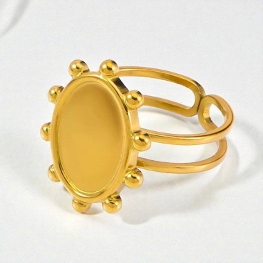 Base anello regolabile con cabochon interno 10x14mm e palline in Acciaio dorato 1pz | GDO