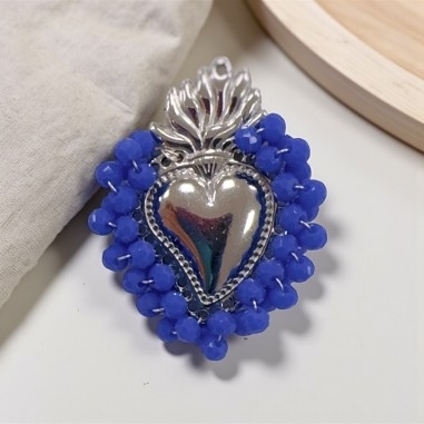 Ciondolo Cuore sacro in acciaio rodio con cristalli Bluette 25x33mm| GDO