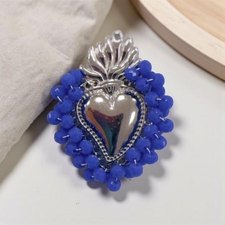 Ciondolo Cuore sacro in acciaio rodio con cristalli Bluette 25x33mm| GDO