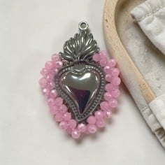 Ciondolo cuore sacro in acciaio rodio con cristalli Rosa AB due misure 1pz Gioie d'Oriente 2