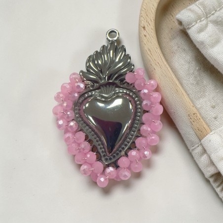Ciondolo cuore sacro in acciaio rodio con cristalli Rosa AB due misure 1pz Gioie d'Oriente