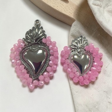 Ciondolo cuore sacro in acciaio rodio con cristalli Rosa AB due misure 1pz Gioie d'Oriente