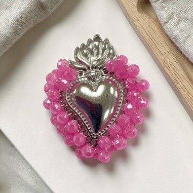 Ciondolo cuore sacro in acciaio rodio con cristalli Rosa fluo AB due misure 1pz Gioie d'Oriente