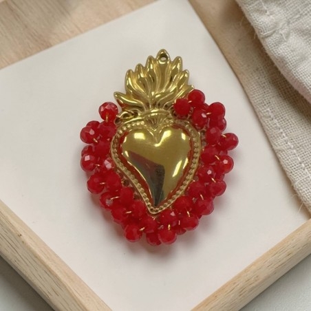 Ciondolo Cuore sacro in acciaio oro con cristalli Rossi - Due misure 1pz Gioie d'Oriente