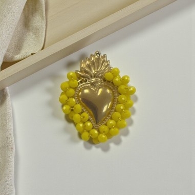Ciondolo Cuore sacro in acciaio oro con cristalli Gialli - Due misure 1pz Gioie d'Oriente