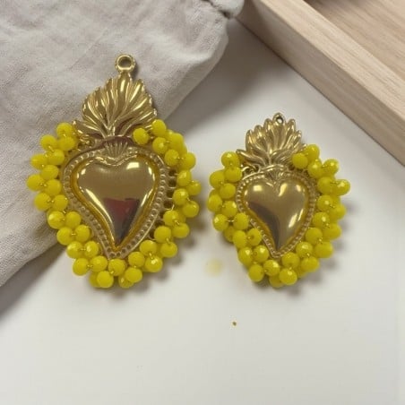 Ciondolo Cuore sacro in acciaio oro con cristalli Gialli - Due misure 1pz Gioie d'Oriente