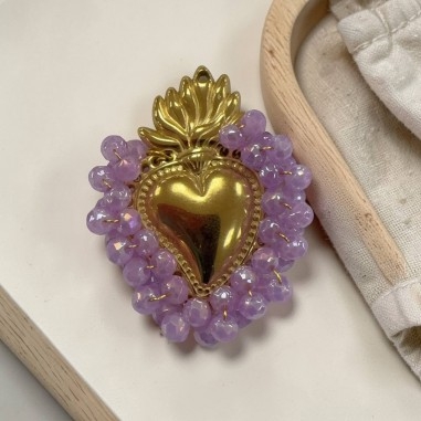 Ciondolo Cuore sacro in acciaio oro con cristalli Lilla AB 25x33mm | GDO