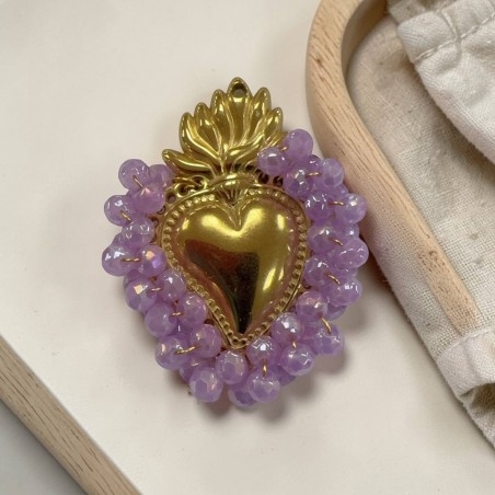 Ciondolo Cuore sacro in acciaio oro con cristalli Lilla AB 25x33mm | GDO