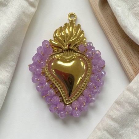 Ciondolo Cuore sacro in acciaio oro con cristalli Lilla AB 31x46mm | GDO