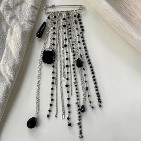 Spilla fai da te con catene argentate e pietre nere pendenti, kit materiale bigiotteria creativo, marchio Gioie d'Oriente