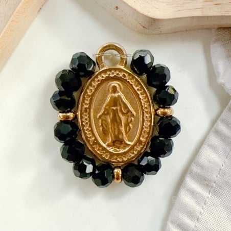 Ciondolo Madonna ovale in Acciaio oro rosa con cristalli Neri 17x19mm 1pz | Gioie d'Oriente