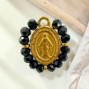 Ciondolo Madonna ovale in Acciaio oro con cristalli Neri 17x19mm 1pz | Gioie d'Oriente