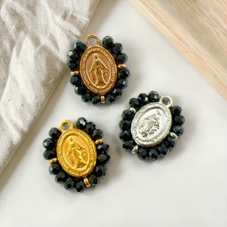 Ciondolo Madonna ovale in Acciaio con cristalli Neri 17x19mm 1pz | Gioie d'Oriente