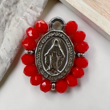 Ciondolo Madonna ovale in Acciaio rodio con cristalli Rossi 17x19mm 1pz | GDO