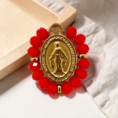 Ciondolo Madonna ovale in Acciaio oro con cristalli Rossi 17x19mm 1pz | GDO