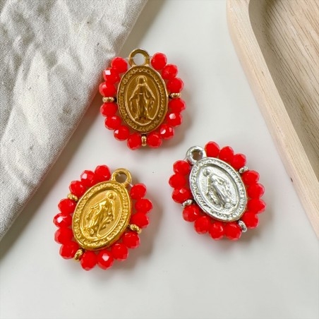 Ciondolo Madonna ovale in Acciaio con cristalli Rossi 17x19mm 1pz | Gioie d'Oriente