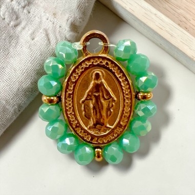 Ciondolo Madonna ovale in Acciaio oro rosa con cristalli Verde Tiffany 17x19mm 1pz | GDO