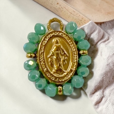Ciondolo Madonna ovale in Acciaio oro con cristalli Verde Tiffany 17x19mm 1pz | GDO