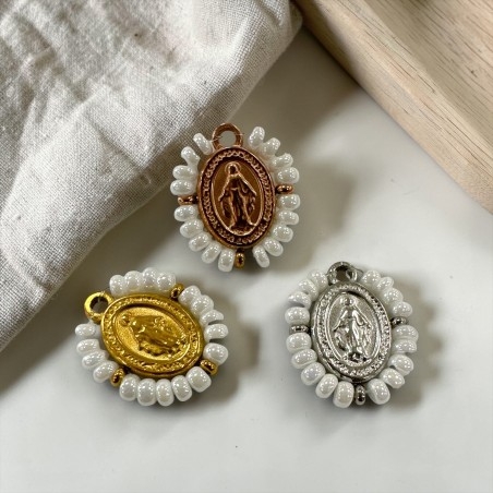 Ciondolo Madonna ovale in Acciaio con perline Bianche 17x19mm 1pz | GDO