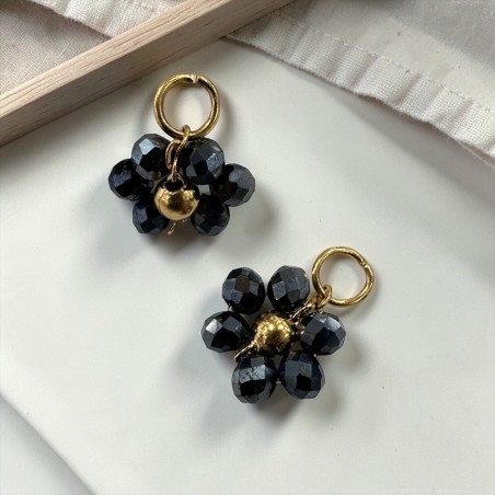 Ciondolo margherita 12mm in cristalli sfaccettati jet hematite e acciaio dorato GDO