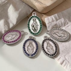 Medaglia Madonna con strass Argento Rodio 13x21 mm 1pz Gioie d'Oriente