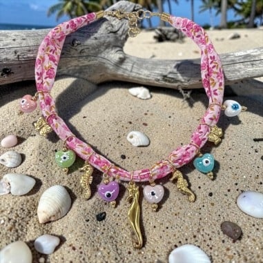 Fettuccia tubolare in tessuto Rosa con fantasia floreale, 2.5cm x 1mt, per collane e bracciali GDO