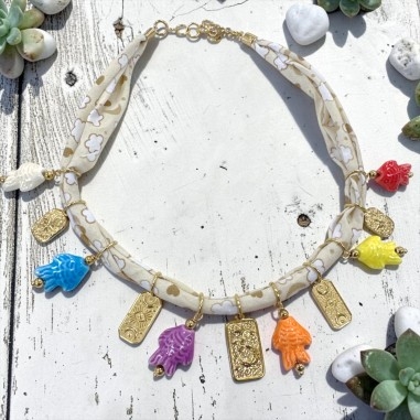 Fettuccia tubolare in tessuto Panna con nuvole, cuori e lune Beige, 2.5cm x 1mt, per collane e bracciali GDO