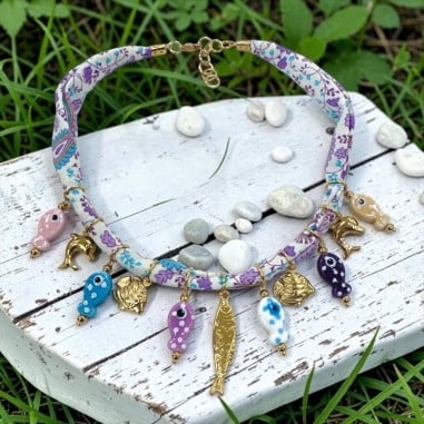 Fettuccia tubolare in tessuto Bianco con fantasia paisley Lilla e Turchese, 2.5cm x 1mt, per collane e bracciali GDO