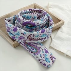 Fettuccia tubolare in tessuto Bianco con fantasia paisley Lilla e Turchese, 2.5cm x 1mt, per collane e bracciali GDO
