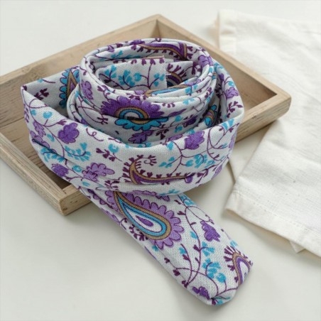 Fettuccia tubolare in tessuto Bianco con fantasia paisley Lilla e Turchese, 2.5cm x 1mt, per collane e bracciali GDO