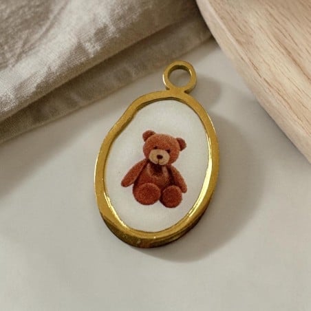 Ciondolo ovale con stampa di Orsetto in Acciaio oro 13x21mm 1pz | GDO