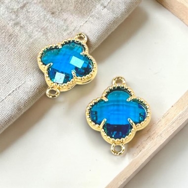 Connettore quadrifoglio cristallo Azzurro Acquamarina ottone oro 17x21 mm 1pz Gioie d'Oriente