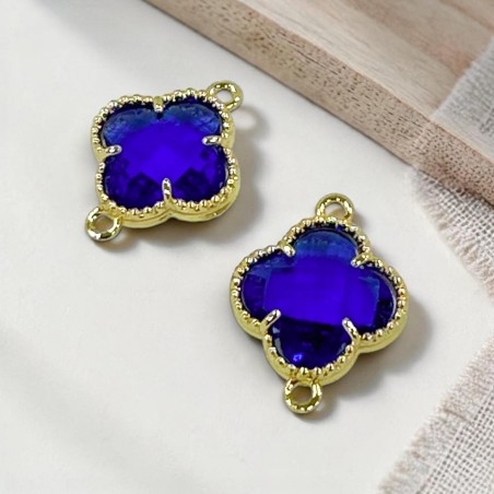 Connettore quadrifoglio cristallo Blu ottone oro 17x21 mm 1pz Gioie d'Oriente