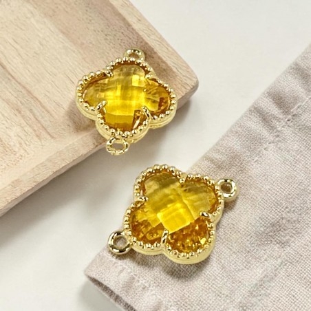 Connettore quadrifoglio cristallo Giallo ottone oro 17x21 mm 1pz Gioie d'Oriente