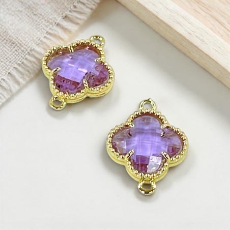 Connettore quadrifoglio cristallo Lilla ottone oro 17x21 mm 1pz Gioie d'Oriente