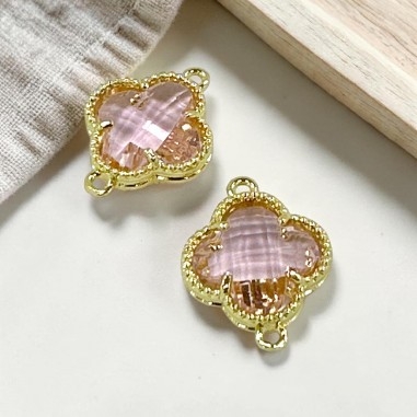 Connettore quadrifoglio cristallo Rosa ottone oro 17x21 mm 1pz Gioie d'Oriente