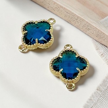Connettore quadrifoglio cristallo Verde acqua ottone oro 17x21 mm 1pz Gioie d'Oriente