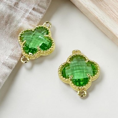Connettore quadrifoglio cristallo Verde chiaro ottone oro 17x21 mm 1pz Gioie d'Oriente