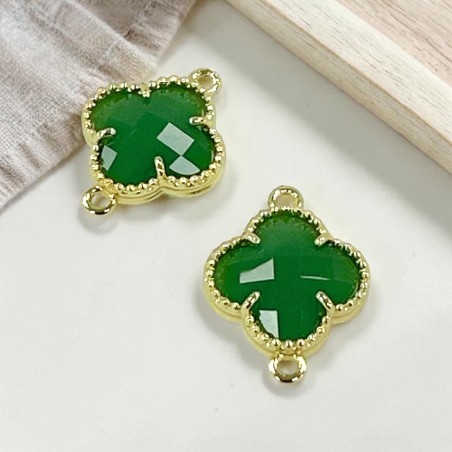 Connettore quadrifoglio cristallo Verde pieno ottone oro 17x21 mm 1pz Gioie d'Oriente