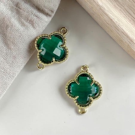 Connettore quadrifoglio cristallo Verde smeraldo ottone oro 17x21 mm 1pz Gioie d'Oriente