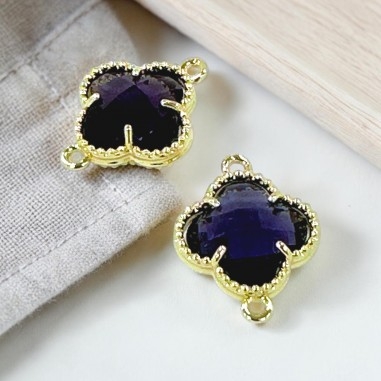 Connettore quadrifoglio cristallo Viola ottone oro 17x21 mm 1pz Gioie d'Oriente