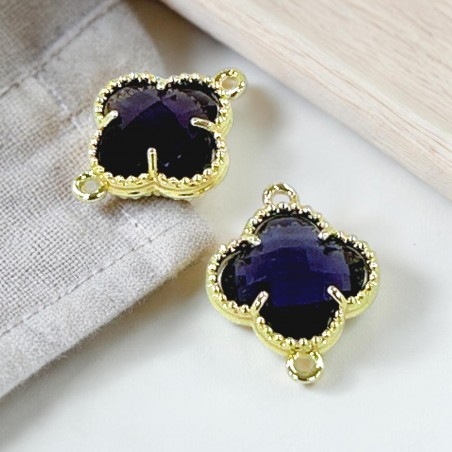 Connettore quadrifoglio cristallo Viola ottone oro 17x21 mm 1pz Gioie d'Oriente