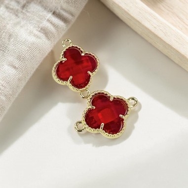 Connettore quadrifoglio cristallo Rosso ottone oro 17x21 mm 1pz Gioie d'Oriente