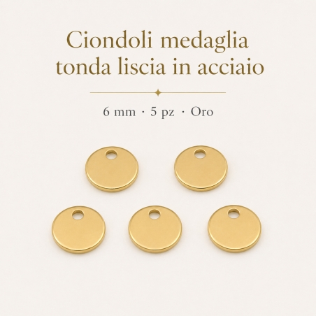 Ciondolo medaglia tonda liscia in acciaio colore oro 6 mm 5pz Gioie d'Oriente
