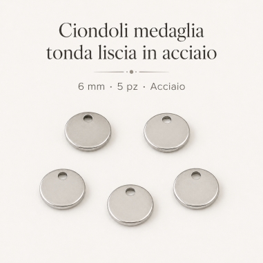 Ciondolo medaglia tonda liscia in acciaio colore rodio 6 mm 5pz Gioie d'Oriente