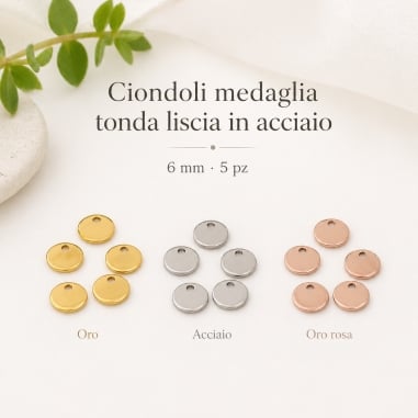 Ciondoli medaglia tonda liscia in acciaio 6 mm 5pz colori vari Gioie d'Oriente