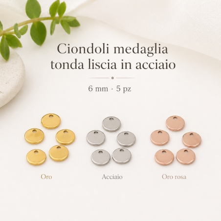 Ciondoli medaglia tonda liscia in acciaio 6 mm 5pz colori vari Gioie d'Oriente