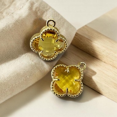 Ciondolo Quadrifoglio in cristallo giallo con base in ottone oro 17x18mm 1pz | GDO