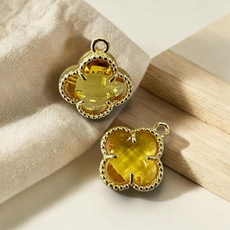 Ciondolo Quadrifoglio in cristallo giallo con base in ottone oro 17x18mm 1pz | GDO
