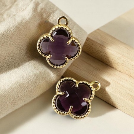 Ciondolo Quadrifoglio in cristallo viola con base in ottone oro 17x18mm 1pz | GDO
